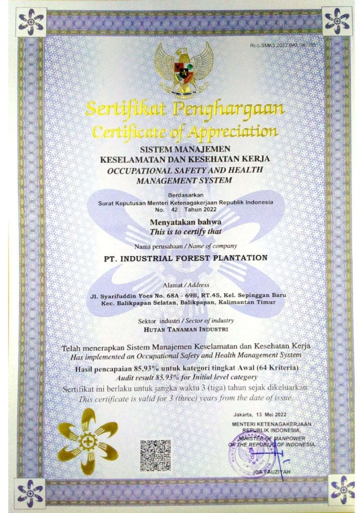 Sertifikat SMK3 (Sistem Manajemen Keselamatan dan Kesehatan Kerja) PT IFP